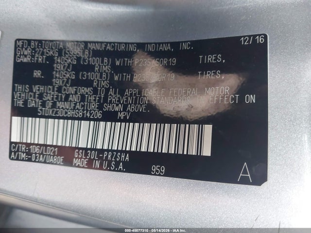 45077310 :رقم المزاد ، 5TDXZ3DC8HS814206 vin ، 2017 Toyota Sienna Se Premium 8 Passenger مزاد بيع