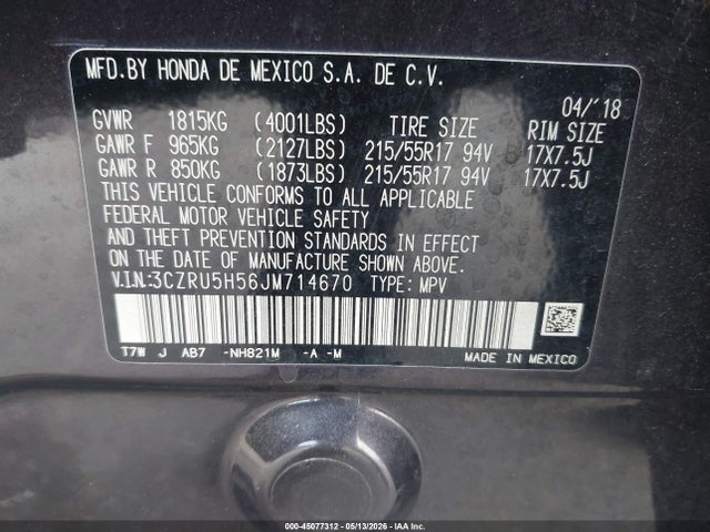 3CZRU5H56JM714670 Honda HR-V EX