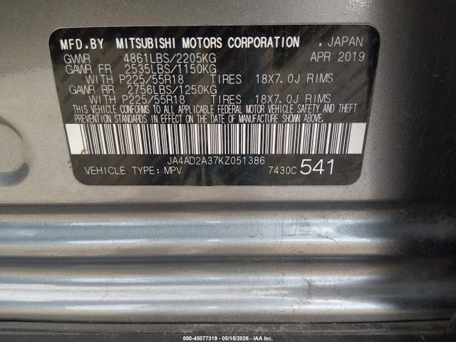 Aukcja sprzedaży 2019 Mitsubishi Outlander Es, vin: JA4AD2A37KZ051386, numer aukcji: 45077319