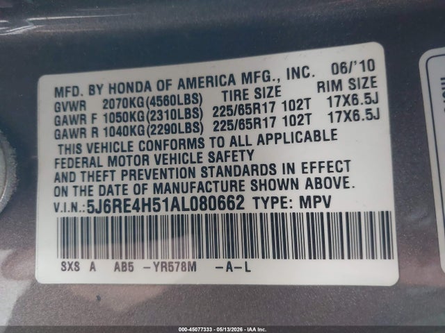 Продаж на аукціоні авто 2010 Honda Cr-v Ex, vin: 5J6RE4H51AL080662, номер лоту: 45077333