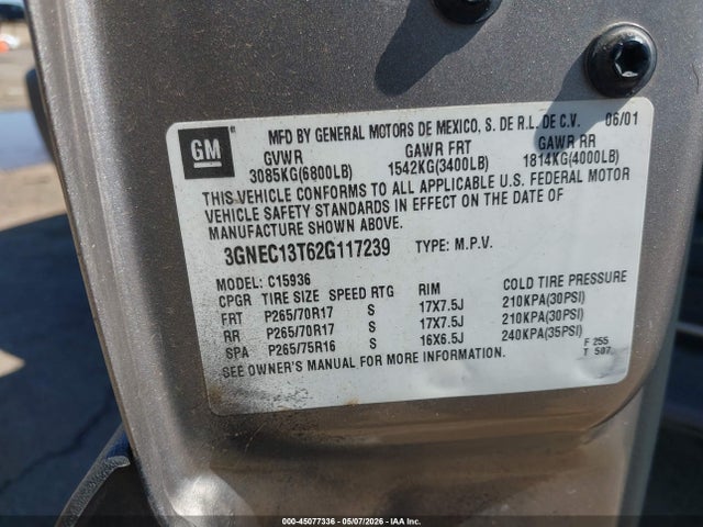 2002 Chevrolet Avalanche 1500 მანქანა იყიდება აუქციონზე, vin: 3GNEC13T62G117239, აუქციონის ნომერი: 45077336