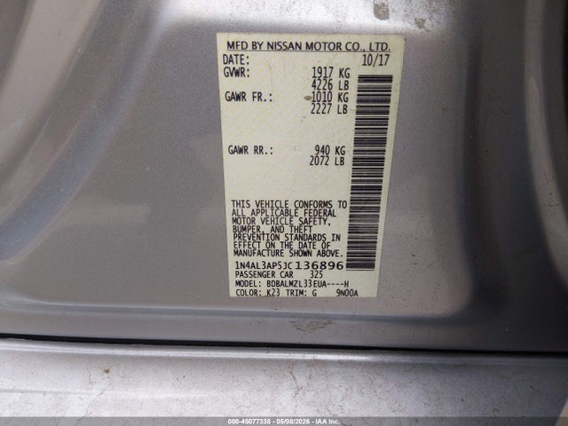 Aukcja sprzedaży 2018 Nissan Altima 2.5 Sv, vin: 1N4AL3AP5JC136896, numer aukcji: 45077338