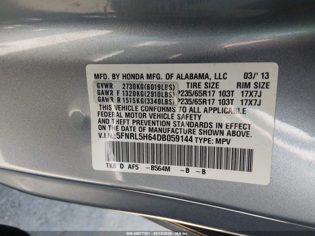 45077351 :رقم المزاد ، 5FNRL5H64DB059144 vin ، 2013 Honda Odyssey Ex-l مزاد بيع