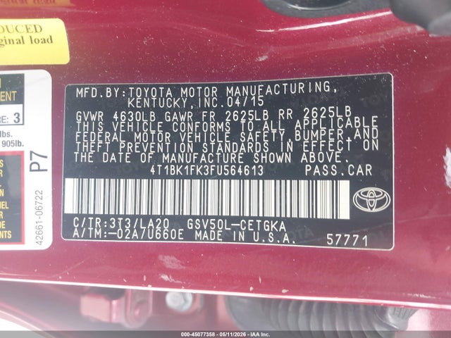 Aukcja sprzedaży 2015 Toyota Camry Xle V6, vin: 4T1BK1FK3FU564613, numer aukcji: 45077358