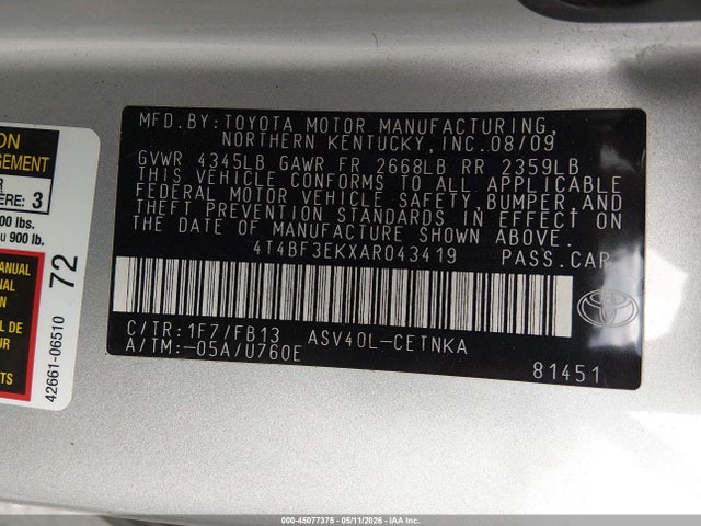 45077375 :رقم المزاد ، 4T4BF3EKXAR043419 vin ، 2010 Toyota Camry مزاد بيع