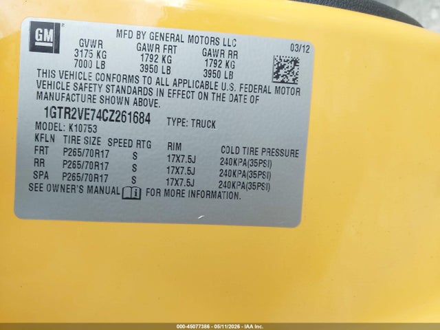 Aukcja sprzedaży 2012 Gmc Sierra 1500 Sle, vin: 1GTR2VE74CZ261684, numer aukcji: 45077386