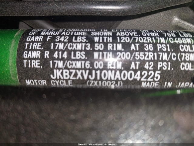 Продаж на аукціоні авто 2022 Kawasaki Zx1002, vin: JKBZXVJ10NA004225, номер лоту: 45077398