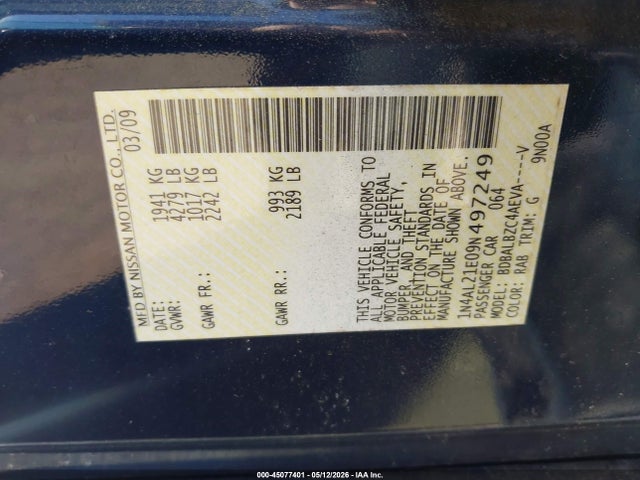 Aukcja sprzedaży 2009 Nissan Altima 2.5 S, vin: 1N4AL21E09N497249, numer aukcji: 45077401