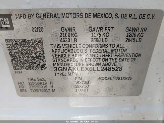 Aukcja sprzedaży 2020 Chevrolet Equinox Fwd Lt 2.0l Turbo, vin: 3GNAXLEX0LL248528, numer aukcji: 45077418