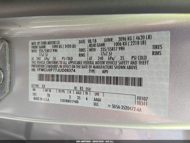 1FMCU0F77JUD08374 Ford ESCAPE S