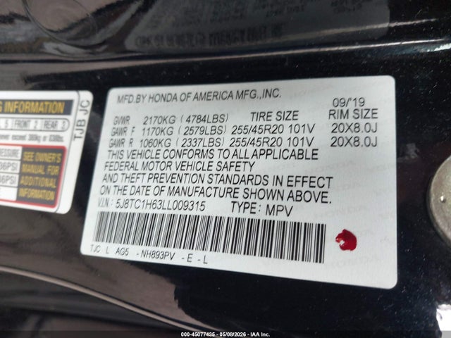 45077435 :رقم المزاد ، 5J8TC1H63LL009315 vin ، 2020 Acura Rdx A-spec Package مزاد بيع