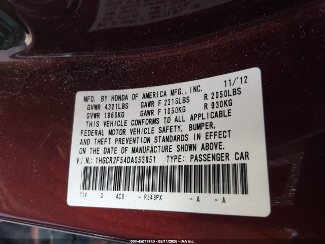 Aukcja sprzedaży 2013 Honda Accord Sport, vin: 1HGCR2F54DA053951, numer aukcji: 45077440