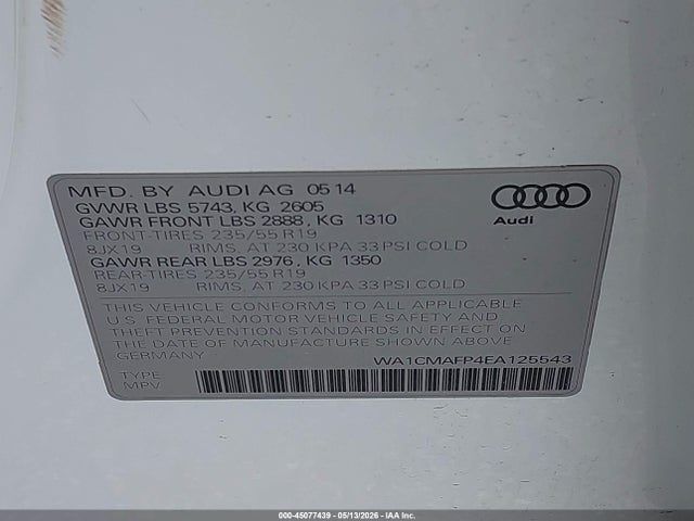 2014 Audi Q5 3.0 Tdi Premium Plus მანქანა იყიდება აუქციონზე, vin: WA1CMAFP4EA125543, აუქციონის ნომერი: 45077439