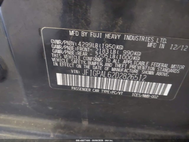 45077450 :رقم المزاد ، JF1GPAL62D2826512 vin ، 2013 Subaru Impreza 2.0i Sport Premium مزاد بيع