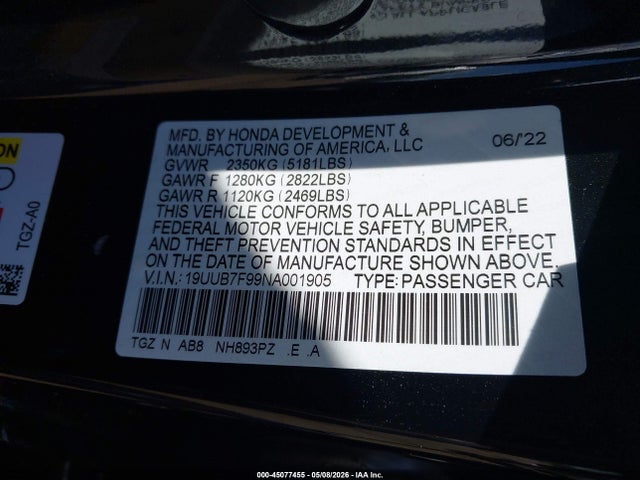 45077455 :رقم المزاد ، 19UUB7F99NA001905 vin ، 2022 Acura Tlx Type S - Hp Wheel And Tire مزاد بيع