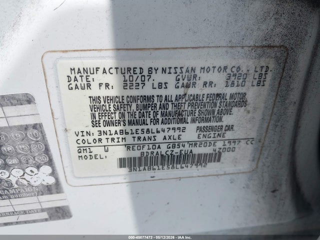 Продаж на аукціоні авто 2008 Nissan Sentra 2.0, vin: 3N1AB61E58L647992, номер лоту: 45077472