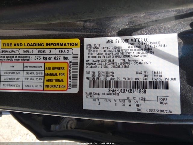 Aukcja sprzedaży 2019 Ford Fusion Sel, vin: 3FA6P0CD7KR141838, numer aukcji: 45077481