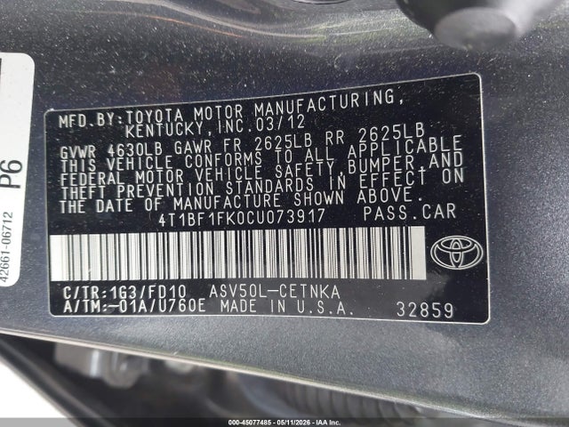 Продажа на аукционе авто 2012 Toyota Camry Le, vin: 4T1BF1FK0CU073917, номер лота: 45077485