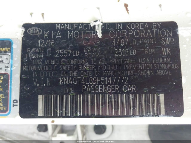 2017 Kia Optima Lx მანქანა იყიდება აუქციონზე, vin: KNAGT4L39H5147772, აუქციონის ნომერი: 45077503