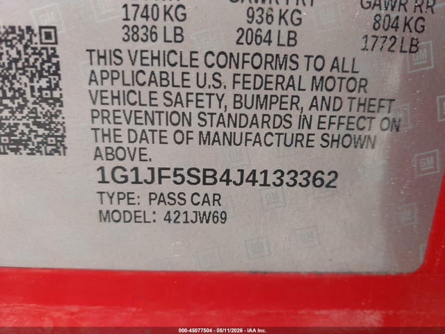 2018 Chevrolet Sonic Premier Auto მანქანა იყიდება აუქციონზე, vin: 1G1JF5SB4J4133362, აუქციონის ნომერი: 45077504