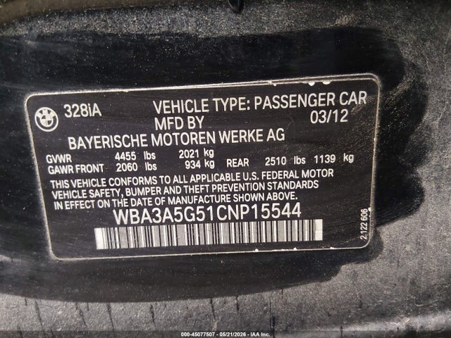 Aukcja sprzedaży 2012 Bmw 328i, vin: WBA3A5G51CNP15544, numer aukcji: 45077507