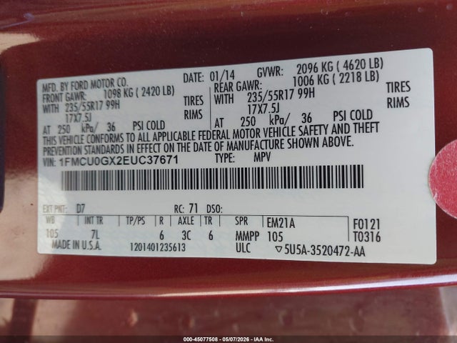 45077508 :رقم المزاد ، 1FMCU0GX2EUC37671 vin ، 2014 Ford Escape Se مزاد بيع