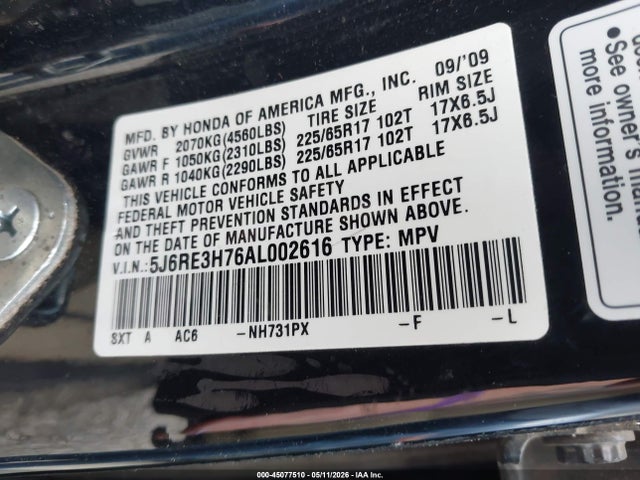 45077510 :رقم المزاد ، 5J6RE3H76AL002616 vin ، 2010 Honda Cr-v Ex-l مزاد بيع