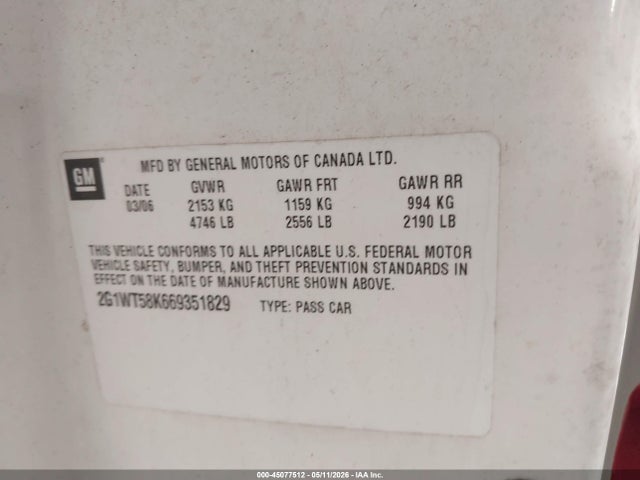 Продажа на аукционе авто 2006 Chevrolet Impala Lt, vin: 2G1WT58K669351829, номер лота: 45077512