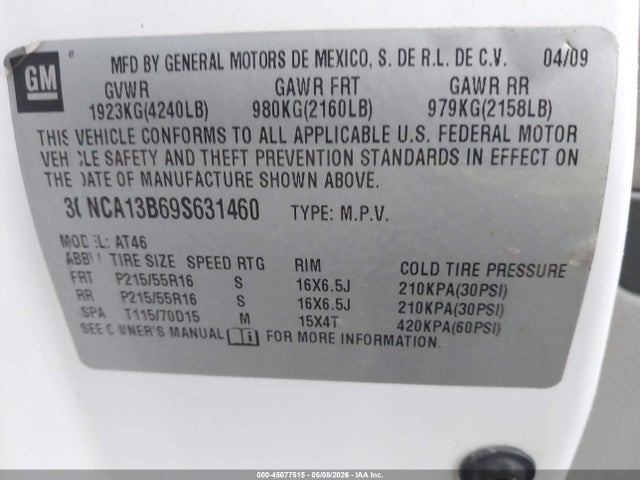 Продаж на аукціоні авто 2009 Chevrolet Hhr Ls, vin: 3GNCA13B69S631460, номер лоту: 45077515