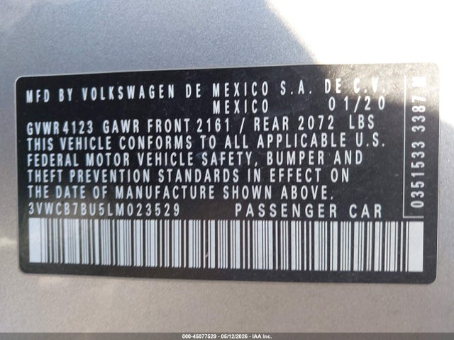 2020 Volkswagen Jetta 1.4t R-line/1.4t S/1.4t Se მანქანა იყიდება აუქციონზე, vin: 3VWCB7BU5LM023529, აუქციონის ნომერი: 45077529