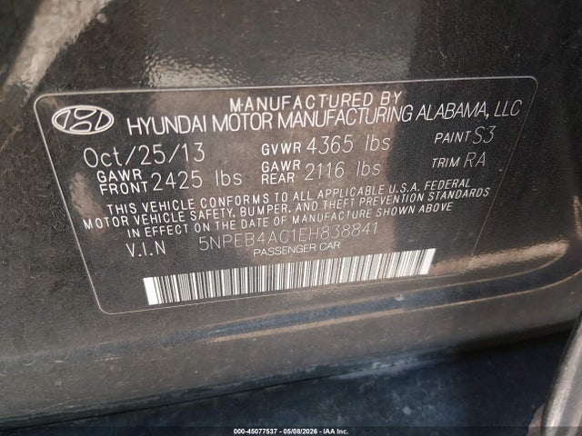 Aukcja sprzedaży 2014 Hyundai Sonata Gls, vin: 5NPEB4AC1EH838841, numer aukcji: 45077537