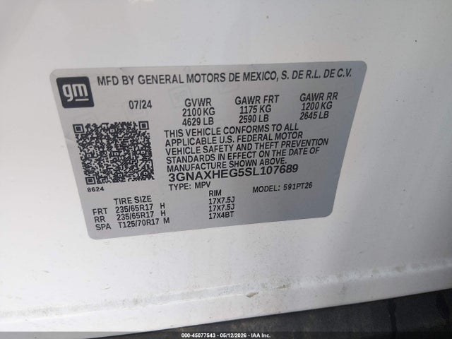 45077543 :رقم المزاد ، 3GNAXHEG5SL107689 vin ، 2025 Chevrolet Equinox Fwd Lt مزاد بيع
