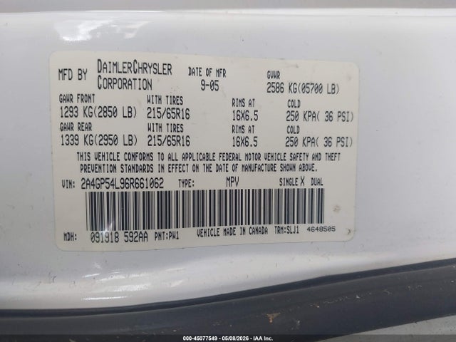 Продаж на аукціоні авто 2006 Chrysler Town & Country Touring, vin: 2A4GP54L96R661062, номер лоту: 45077549