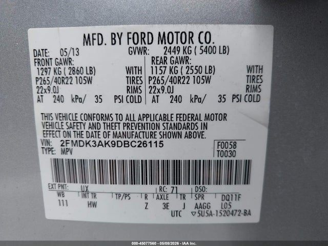 Продаж на аукціоні авто 2013 Ford Edge Sport, vin: 2FMDK3AK9DBC26115, номер лоту: 45077560