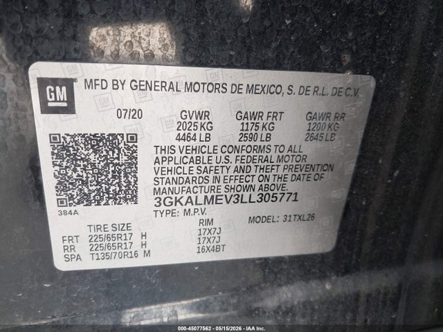 45077562 :رقم المزاد ، 3GKALMEV3LL305771 vin ، 2020 Gmc Terrain Fwd Sle مزاد بيع