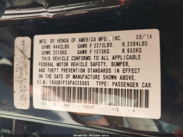 2015 Acura Tlx მანქანა იყიდება აუქციონზე, vin: 19UUB1F35FA005685, აუქციონის ნომერი: 45077573