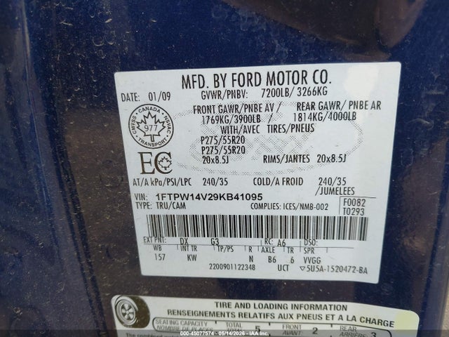 2009 Ford F-150 Fx4/king Ranch/lariat/platinum/xl/xlt მანქანა იყიდება აუქციონზე, vin: 1FTPW14V29KB41095, აუქციონის ნომერი: 45077574