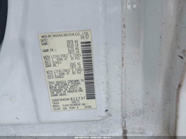 Продаж на аукціоні авто 2017 Nissan Nv Cargo Nv1500 Sv V6, vin: 1N6BF0KM2HN811737, номер лоту: 45077578