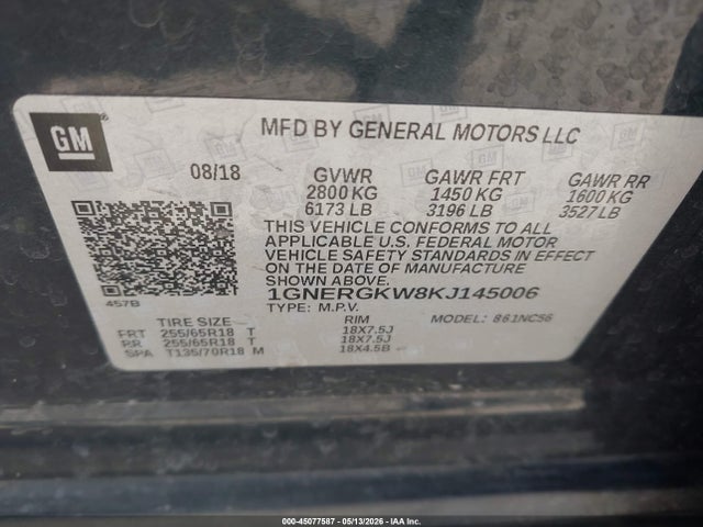 45077587 :رقم المزاد ، 1GNERGKW8KJ145006 vin ، 2019 Chevrolet Traverse 1lt مزاد بيع