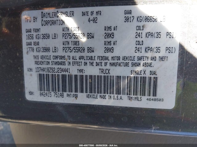 Продаж на аукціоні авто 2002 Dodge Ram 1500 St, vin: 1D7HA18Z92J234441, номер лоту: 45077595