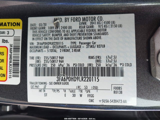 Aukcja sprzedaży 2020 Ford Fusion Se, vin: 3FA6P0HD9LR220115, numer aukcji: 45077606