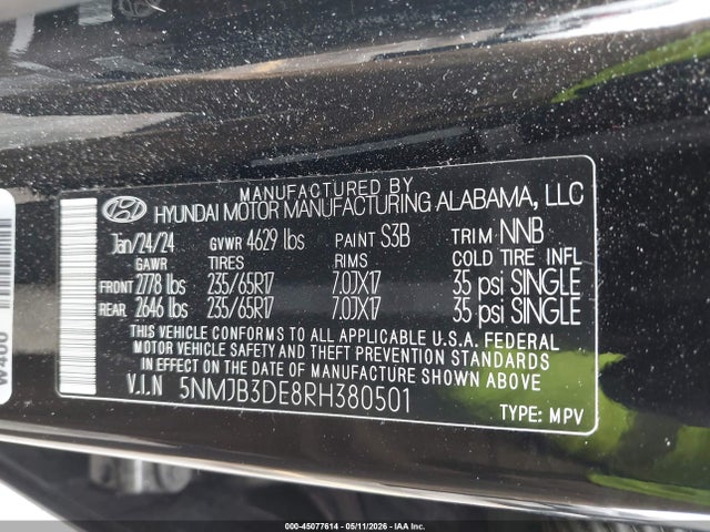 45077614 :رقم المزاد ، 5NMJB3DE8RH380501 vin ، 2024 Hyundai Tucson Sel مزاد بيع