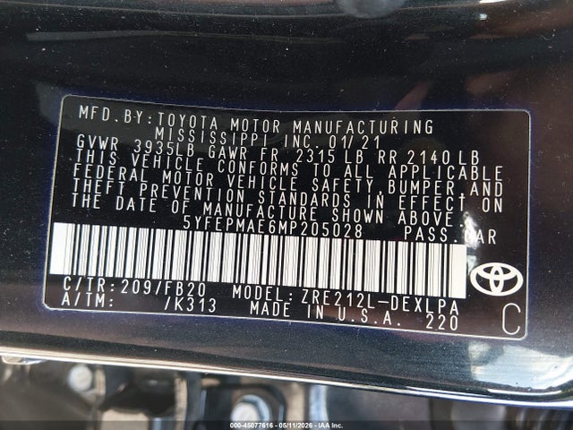 5YFEPMAE6MP205028 Toyota COROLLA LE