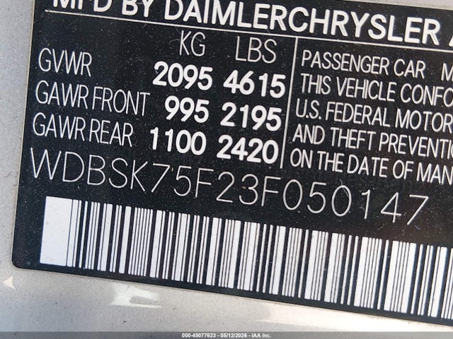 2003 Mercedes-benz Sl 500 მანქანა იყიდება აუქციონზე, vin: WDBSK75F23F050147, აუქციონის ნომერი: 45077623