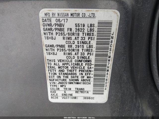 Aukcja sprzedaży 2017 Infiniti Qx70, vin: JN8CS1MW7HM416034, numer aukcji: 45077634