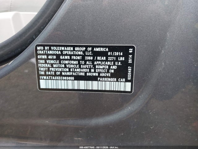 Aukcja sprzedaży 2014 Volkswagen Passat 1.8t S, vin: 1VWAT7A3XEC063655, numer aukcji: 45077645