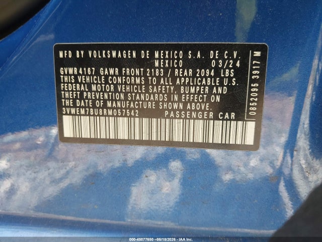 2024 Volkswagen Jetta 1.5t Se მანქანა იყიდება აუქციონზე, vin: 3VWEM7BU8RM057542, აუქციონის ნომერი: 45077650