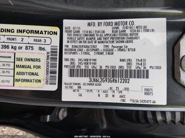 45077657 :رقم المزاد ، 3LN6L2G93GR612202 vin ، 2016 Lincoln Mkz مزاد بيع