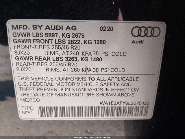 45077670 :رقم المزاد ، WA1E2AFY6L2075422 vin ، 2020 Audi Q5 Premium Plus 55 Tfsi E Quattro S Tronic مزاد بيع