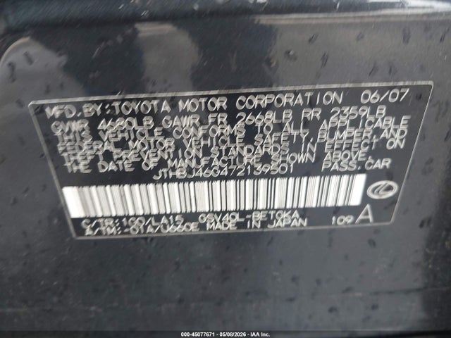 Aukcja sprzedaży 2007 Lexus Es 350, vin: JTHBJ46G472139501, numer aukcji: 45077671